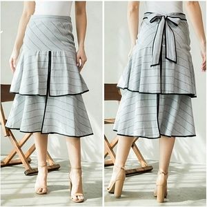 Mocha Apparel High-waisted Striped Tiered Ruffle Skirt with Split Hem